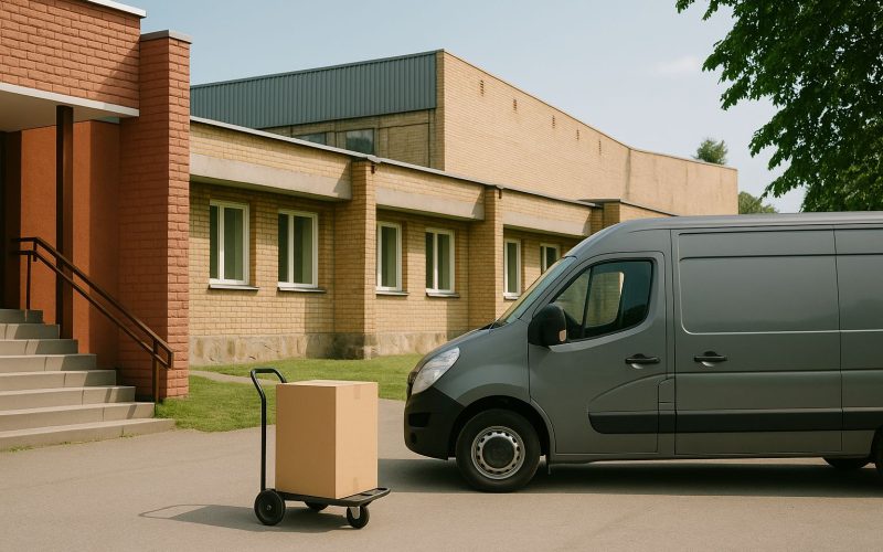 Kvinna levererar paket till modern skolbyggnad, symboliserar effektiv frakt.